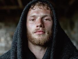A man with a beard and freckles wearing a hood photo