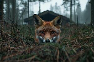 A fox peers out from tall grass in a forest photo