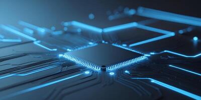 futuristic circuit board design with glowing blue lines and nodes photo