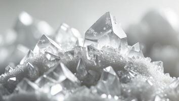 Close up of white sugar crystals with sparkling effect and irregular shapes. photo