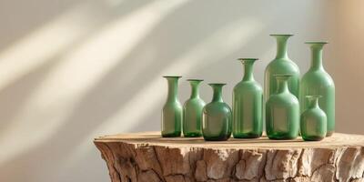 Product Display with Green Glass Bottles on Tree Bark Podium in Sunlight photo