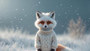 A Cute Winter Fox Dressed in a Warm and Cozy Sweater Amidst a Beautiful Snowy Landscape Setting. photo