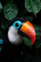 Close up of a colorful channel billed toucan with vibrant plumage photo