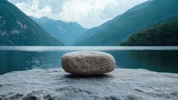A round rock sits on a larger rock by a lake with mountains in the background photo