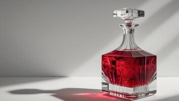 An Elegant Crystal Decanter That Features a Rich and Vibrant Red Liquid Displayed Inside photo