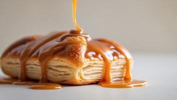 Close Up of Delicious Glazed Pastry with Caramel Drizzle photo