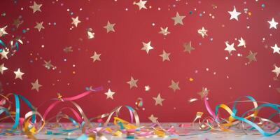 Vibrant composition of bronzed and silver stars with colorful confetti ribbons and streamers scattered on a striking red background creating a festive atmosphere photo