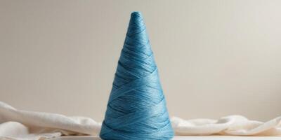 blue lurex wool on a cone in a neutral background subtle contrast cone. photo