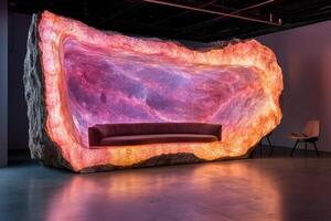 A large illuminated crystal geode with a sofa inside, creating a unique and artistic seating area photo