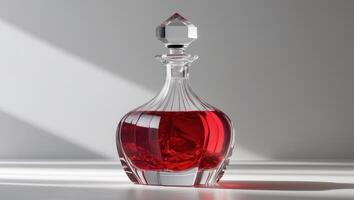 An Elegant Crystal Decanter That Features a Rich and Vibrant Red Liquid Displayed Inside. photo