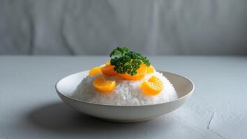A bowl of rice with orange pieces and parsley on top. photo