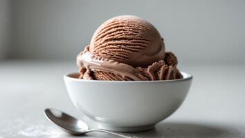 Indulge in a Delicious Scoop of Chocolate Ice Cream Served with a Spoon to Enjoy photo