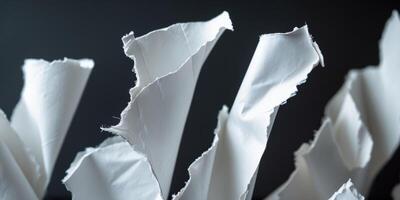 Three torn sheets of white paper on black background. photo