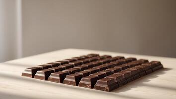 Dark Chocolate Pieces Arranged In Rows On A Table. photo