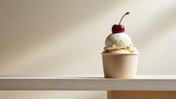 A cup of ice cream sitting on top of a table. photo