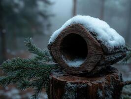 A hollow log covered in snow sits on a tree stump in a winter forest photo