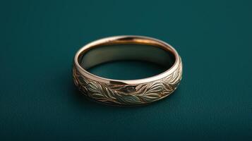 Elegant gold ring with intricate leaf pattern on a teal background photo