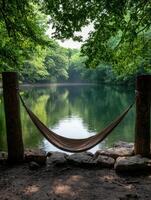 Hammock overlooking a tranquil lake surrounded by lush greenery photo