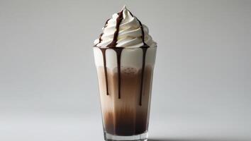 Iced mocha with whipped cream and chocolate drizzle in a tall glass. photo