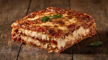 A delicious slice of lasagna on a wooden table photo