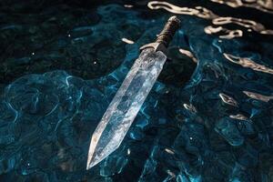 A sword submerged in water with light reflecting off the surface photo