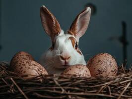 A cute rabbit sits in a nest surrounded by speckled eggs photo