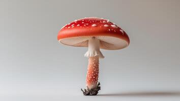 A Vibrant Red Mushroom adorned with White Spots stands out on a Simple Background for visual impact photo