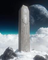 Mysterious monolith on a snowy mountain peak with a planet in the background photo