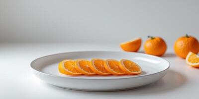 a bowl of orange slices on a white plate with oranges in background. photo