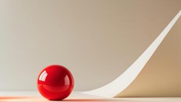 An Abstract Geometric Composition Featuring a Vibrant Red Sphere Placed on a Cream Base. photo
