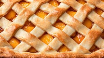 A delicious homemade peach pie with a lattice crust photo