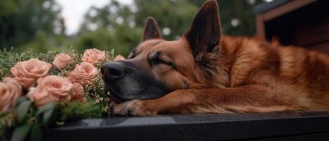 A german shepherd rests its head on a bouquet of roses photo