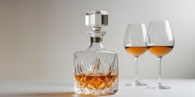 Crystal decanter holding amber liquid with wine glasses in background photo