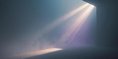 Mysterious fog and light illuminate a dark space creating an atmospheric ambiance photo