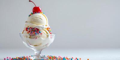 Classic Ice Cream Sundae with Cherry and Colorful Sprinkles. photo