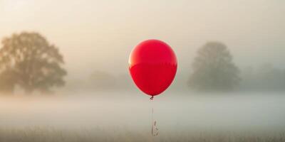 Bright red balloon floating gently above a misty landscape on a calm day photo
