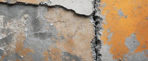Weathered cement surface with chipped edges and faded color on bright background photo