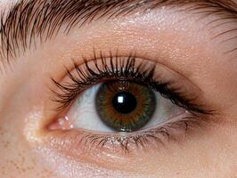 A close up of a hazel eye with long eyelashes. photo