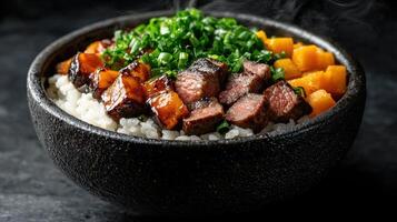 A delicious bowl of beef and vegetable rice photo