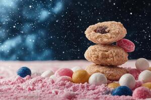 Stacked cookies with candy and powdered sugar against a snowy background photo