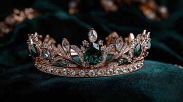 Elegant gold crown with emeralds and diamonds on a dark green velvet cushion photo