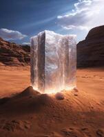 A large ice cube sits in the middle of a desert landscape photo