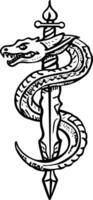 A vintage style icon of a serpent with a sword vector