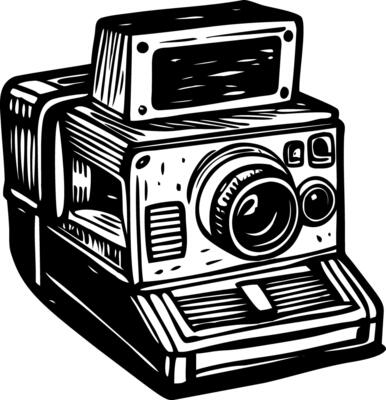 A sketchy illustration of a vintage polaroid camera