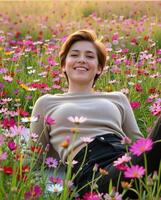 Woman Enjoying a Sunny Day in a Colorful Flower Field Smiling photo