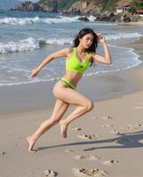 Athletic Woman in Bright Swimwear Running on Beach Shoreline photo