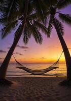 Tranquil Sunset Over Beach with Hammock and Palm Trees Paradise photo
