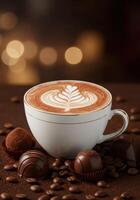 Hot Chocolate Drink with Beautiful Foam Art and Chocolates photo