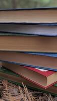 Stacked books in the forest. The concept of learning, reading, and knowledge. Close-up. Blurred background. Vertical video