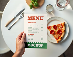 A hand holds a restaurant menu while a slice of pizza sits on a nearby plate psd